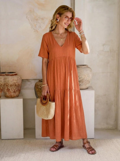 Effortless Tiered Maxi Dress for Women V-Neck Short-Sleeve