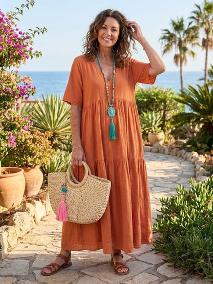 Effortless Tiered Maxi Dress for Women V-Neck Short-Sleeve