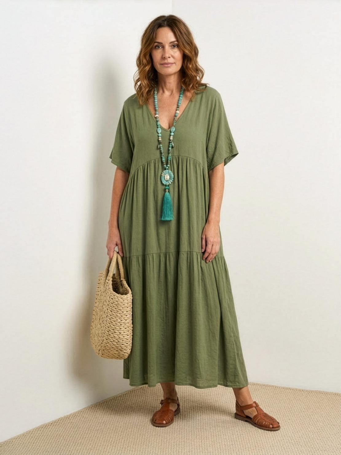 Effortless Tiered Maxi Dress for Women V-Neck Short-Sleeve