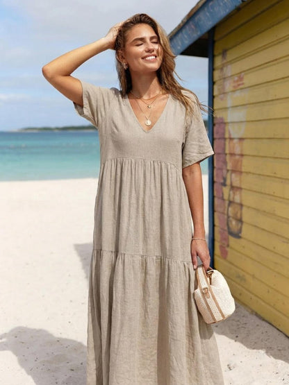 Effortless Tiered Maxi Dress for Women V-Neck Short-Sleeve
