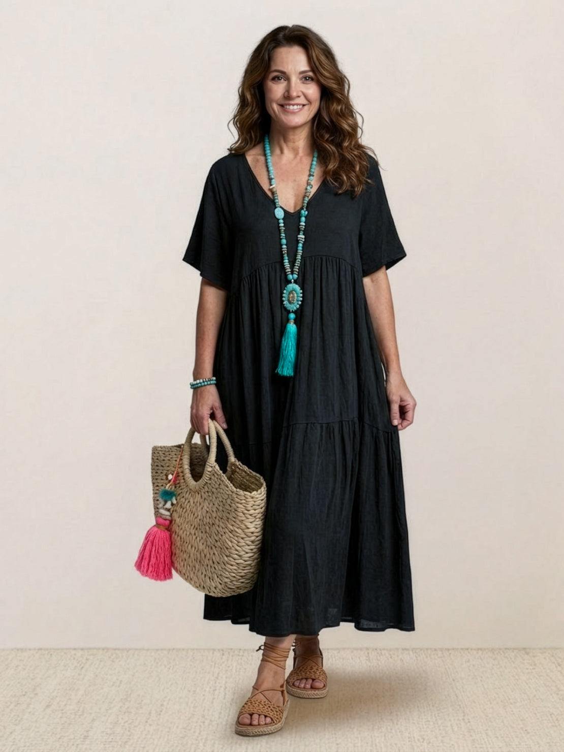 Effortless Tiered Maxi Dress for Women V-Neck Short-Sleeve