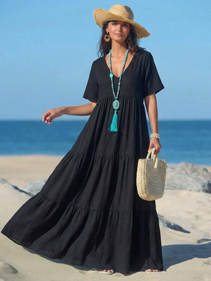 Effortless Tiered Maxi Dress for Women V-Neck Short-Sleeve