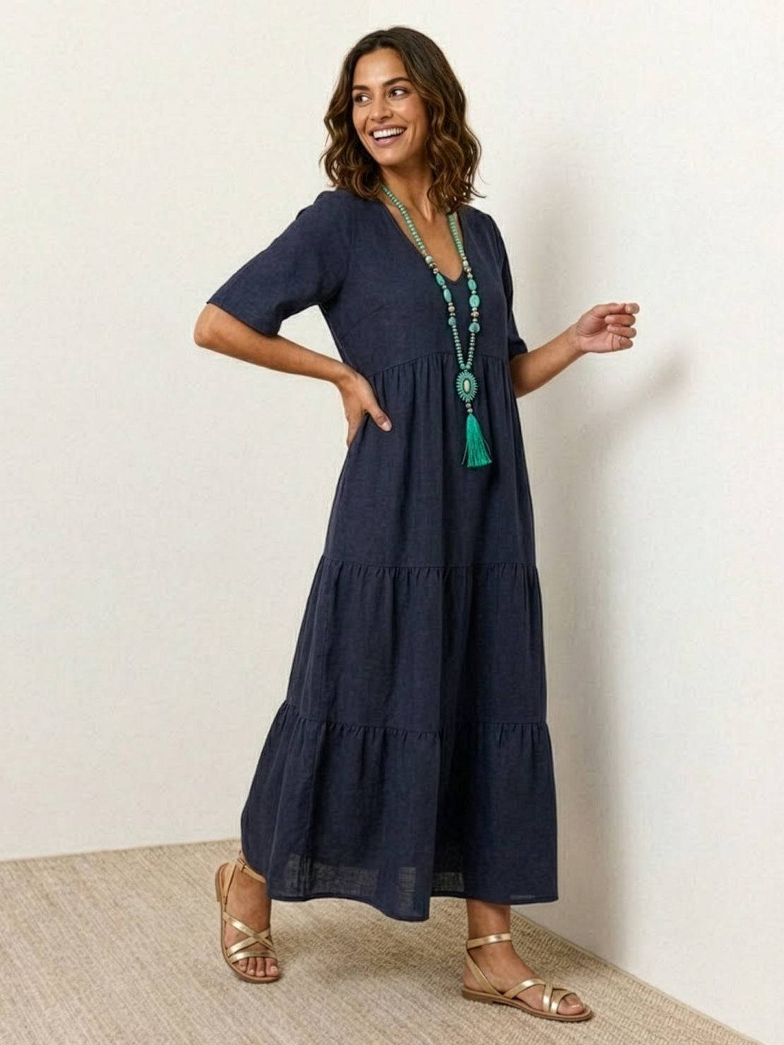 Effortless Tiered Maxi Dress for Women V-Neck Short-Sleeve