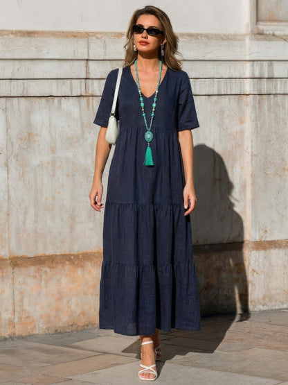 Effortless Tiered Maxi Dress for Women V-Neck Short-Sleeve
