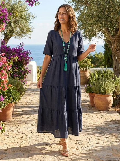 Effortless Tiered Maxi Dress for Women V-Neck Short-Sleeve
