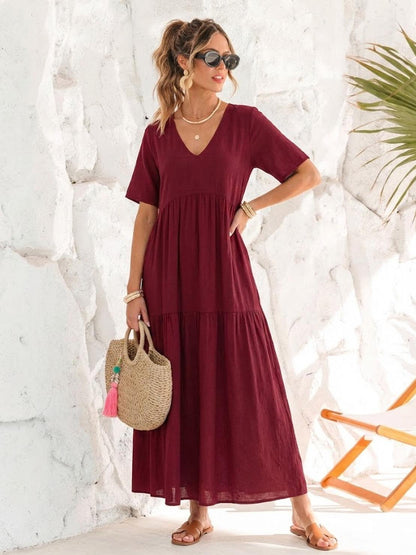 Effortless Tiered Maxi Dress for Women V-Neck Short-Sleeve