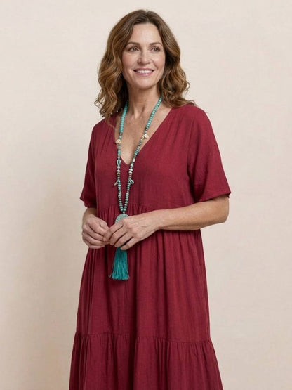Effortless Tiered Maxi Dress for Women V-Neck Short-Sleeve