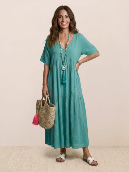 Effortless Tiered Maxi Dress for Women V-Neck Short-Sleeve