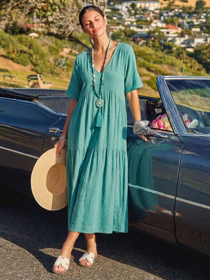 Effortless Tiered Maxi Dress for Women V-Neck Short-Sleeve