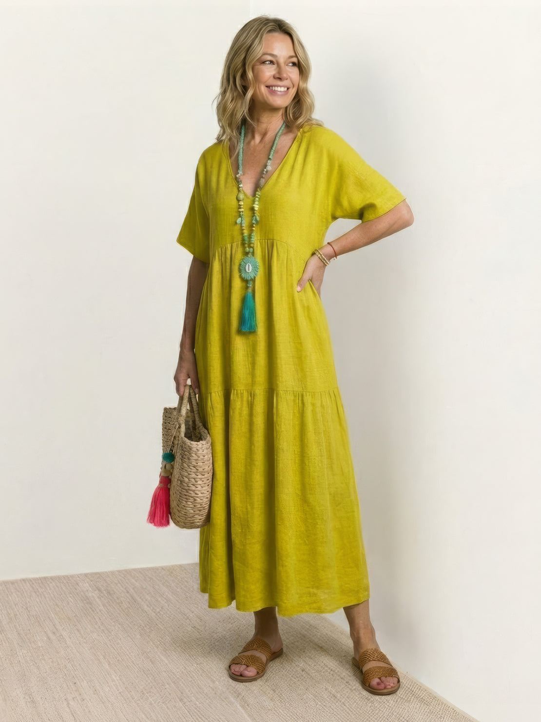 Effortless Tiered Maxi Dress for Women V-Neck Short-Sleeve