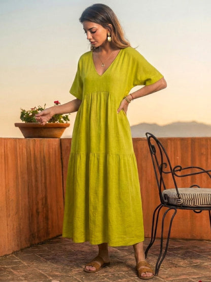 Effortless Tiered Maxi Dress for Women V-Neck Short-Sleeve