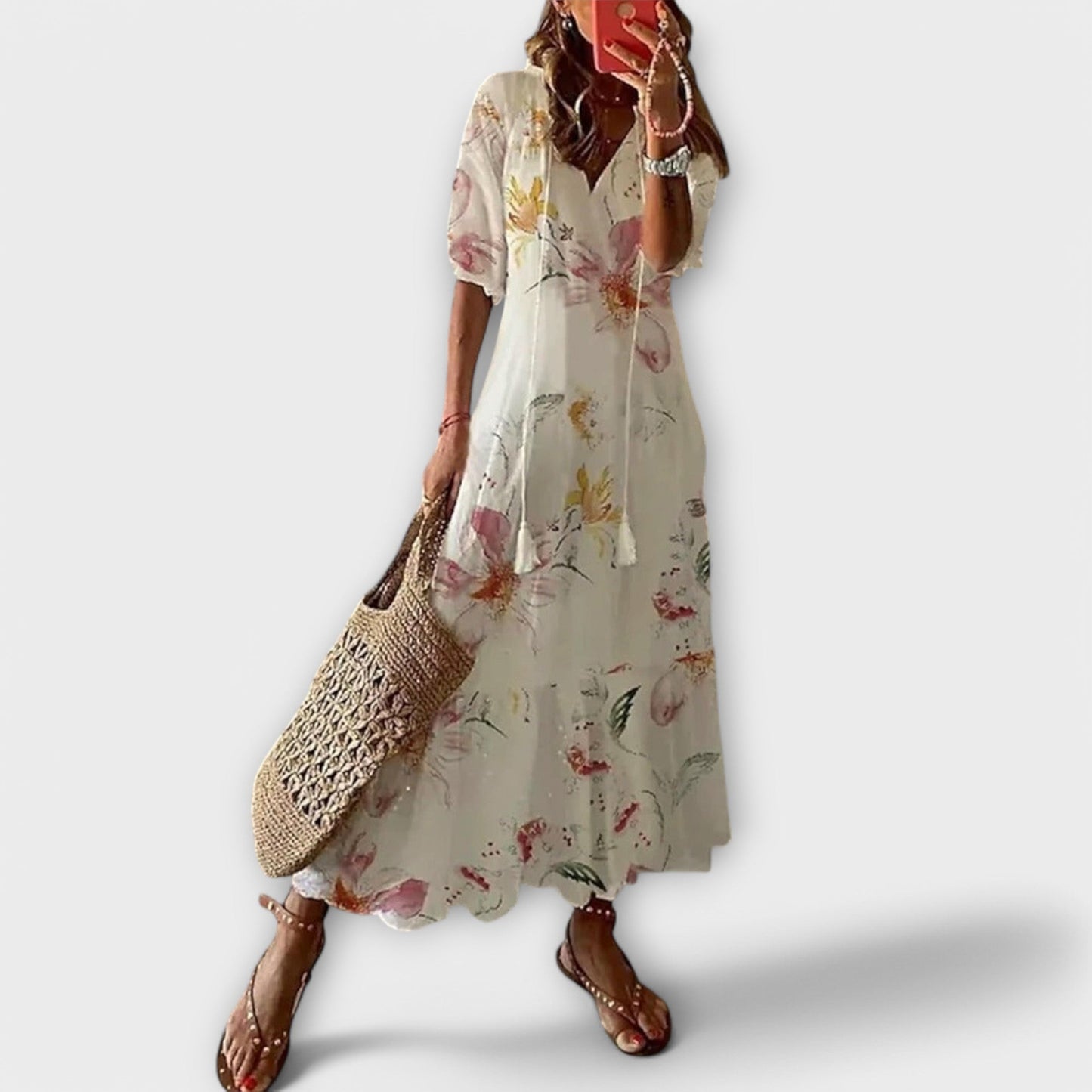 Elegant Tiered Maxi Dress for Women Short-Sleeve Ikat-Print