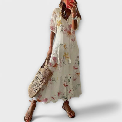 Elegant Tiered Maxi Dress for Women Short-Sleeve Ikat-Print