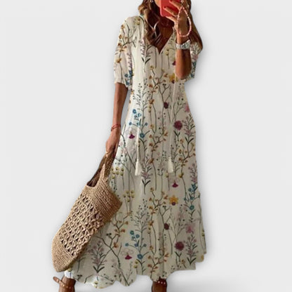 Elegant Tiered Maxi Dress for Women Short-Sleeve Ikat-Print