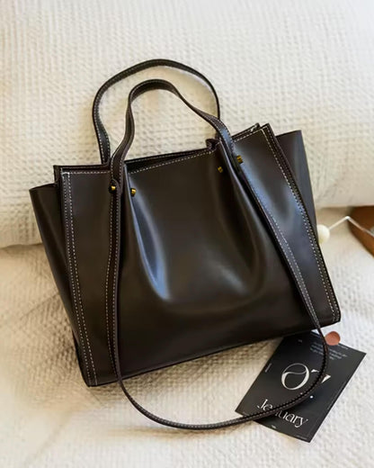 Effortless Tote Bag for Women Vegan-Leather Contrast-Stitch