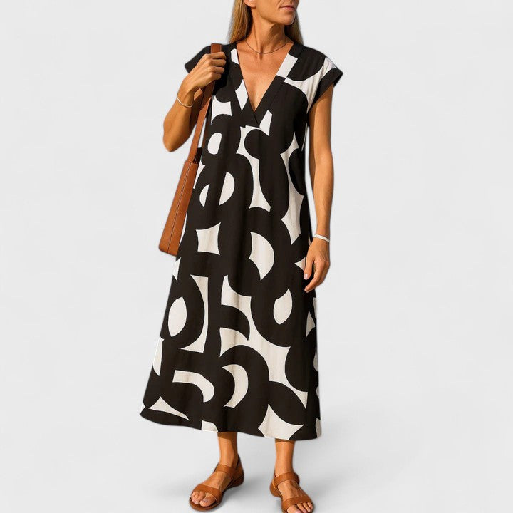 Elegant Maxi Dress for Women V-Neck Sleeveless Geometric-Print