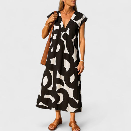 Elegant Maxi Dress for Women V-Neck Sleeveless Geometric-Print