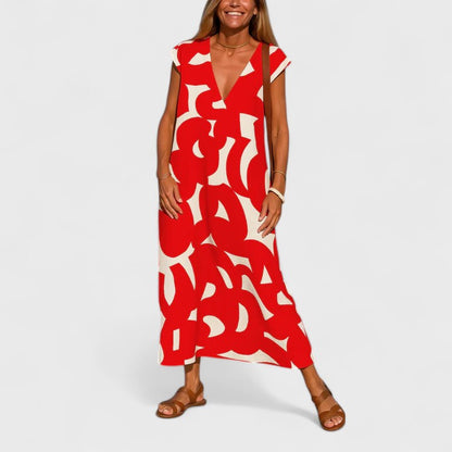 Elegant Maxi Dress for Women V-Neck Sleeveless Geometric-Print