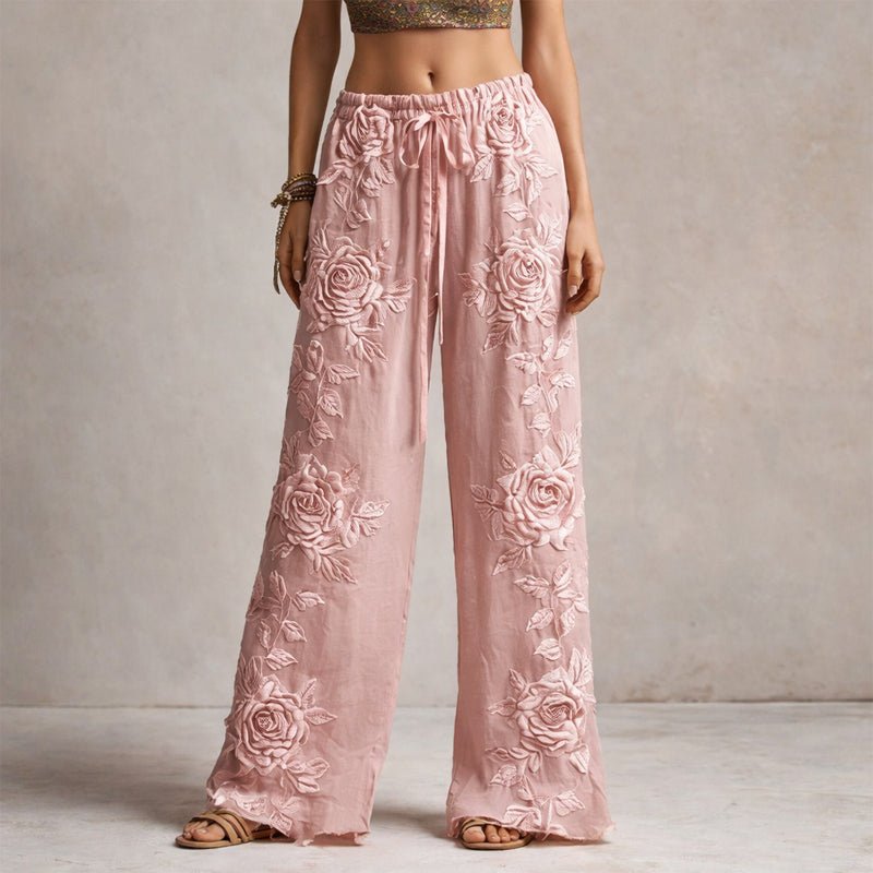Elegant Wide-Leg Pants for Women Floral-Embroidered Drawstring
