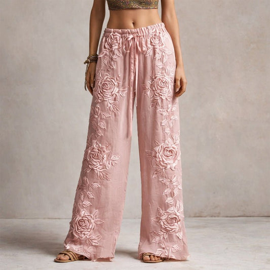 Elegant Wide-Leg Pants for Women Floral-Embroidered Drawstring