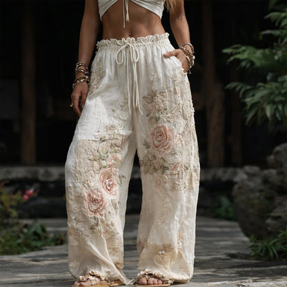 Elegant Wide-Leg Pants for Women Floral-Embroidered Drawstring
