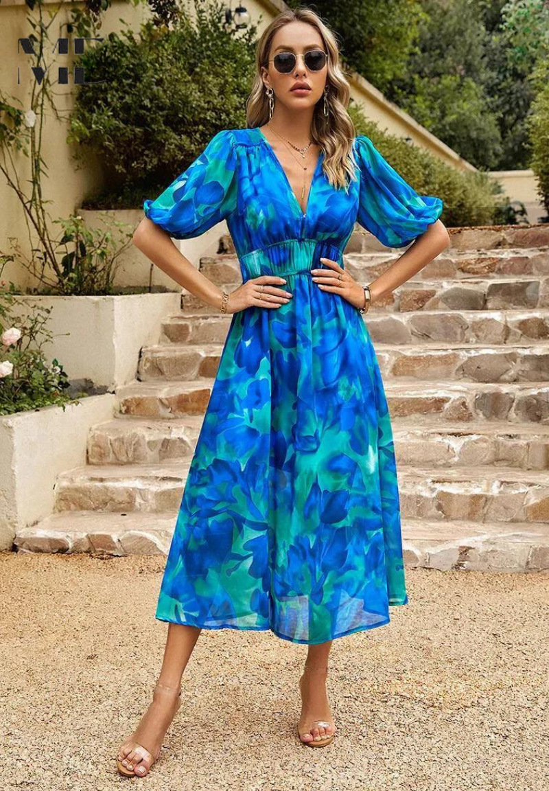 Elegant Midi Dress for Women V-Neck Puff-Sleeve Floral-Print