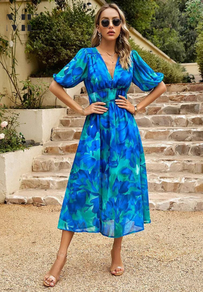 Elegant Midi Dress for Women V-Neck Puff-Sleeve Floral-Print