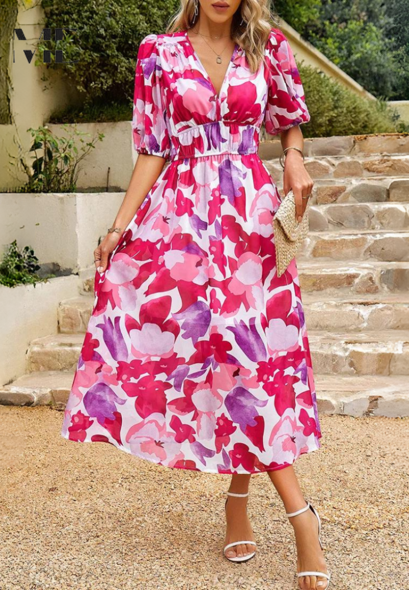 Elegant Midi Dress for Women V-Neck Puff-Sleeve Floral-Print