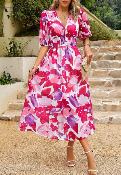 Elegant Midi Dress for Women V-Neck Puff-Sleeve Floral-Print