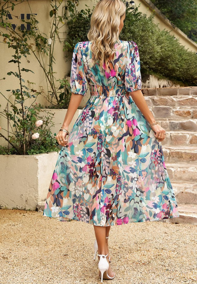 Elegant Midi Dress for Women V-Neck Puff-Sleeve Floral-Print