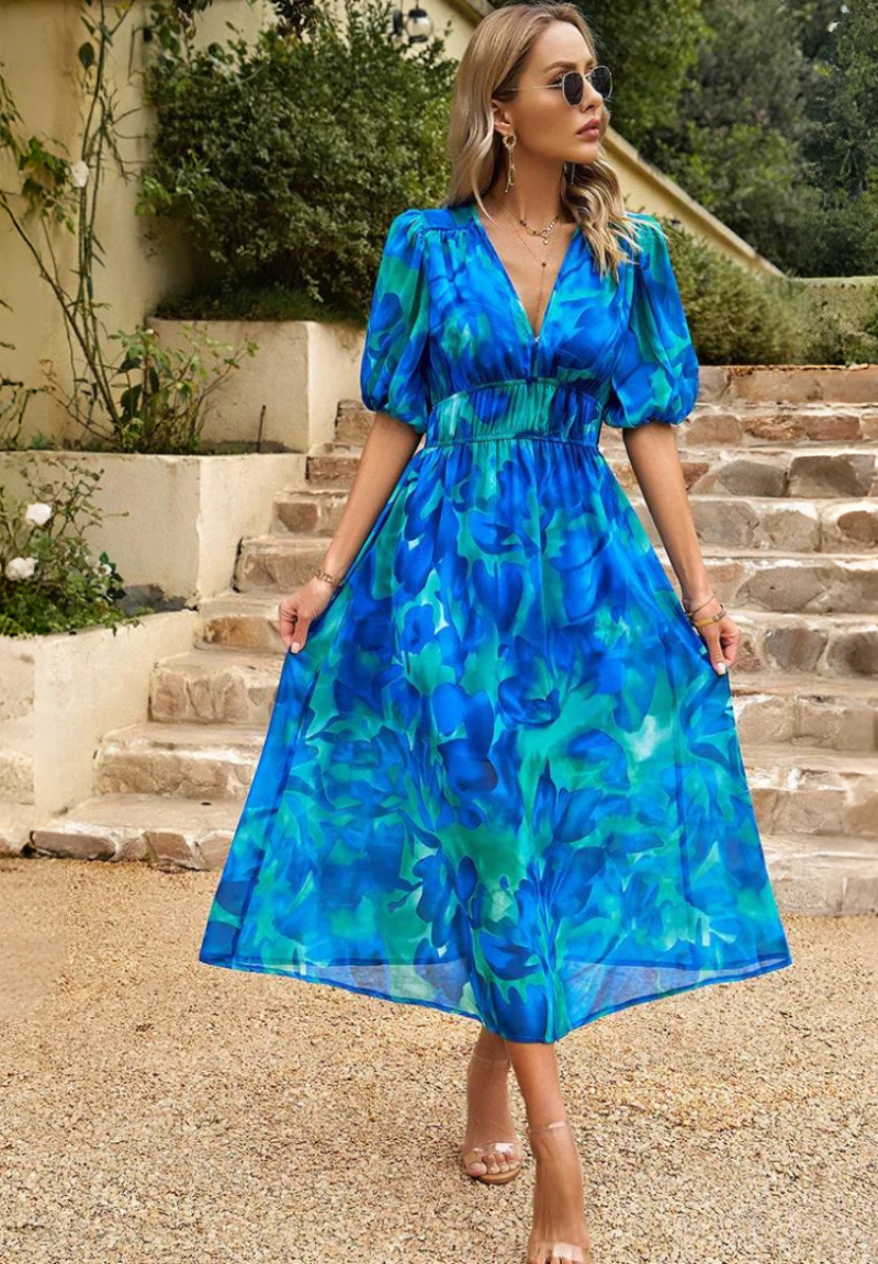 Elegant Midi Dress for Women V-Neck Puff-Sleeve Floral-Print