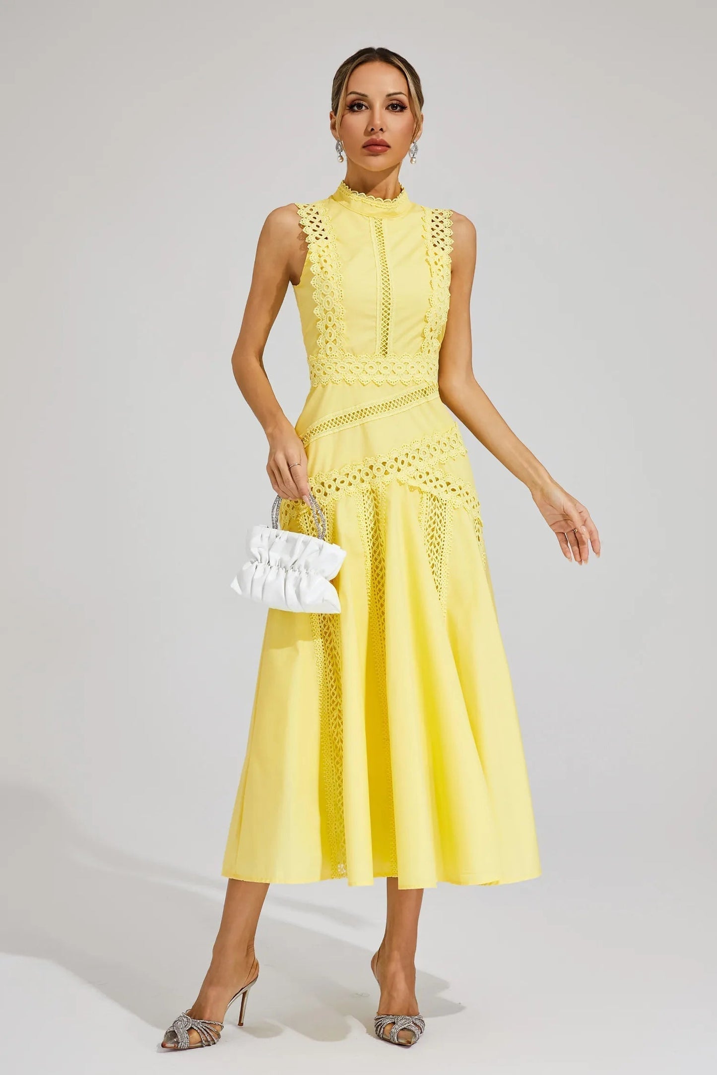 Elegant Midi Dress for Women Mock-Neck Sleeveless Lace