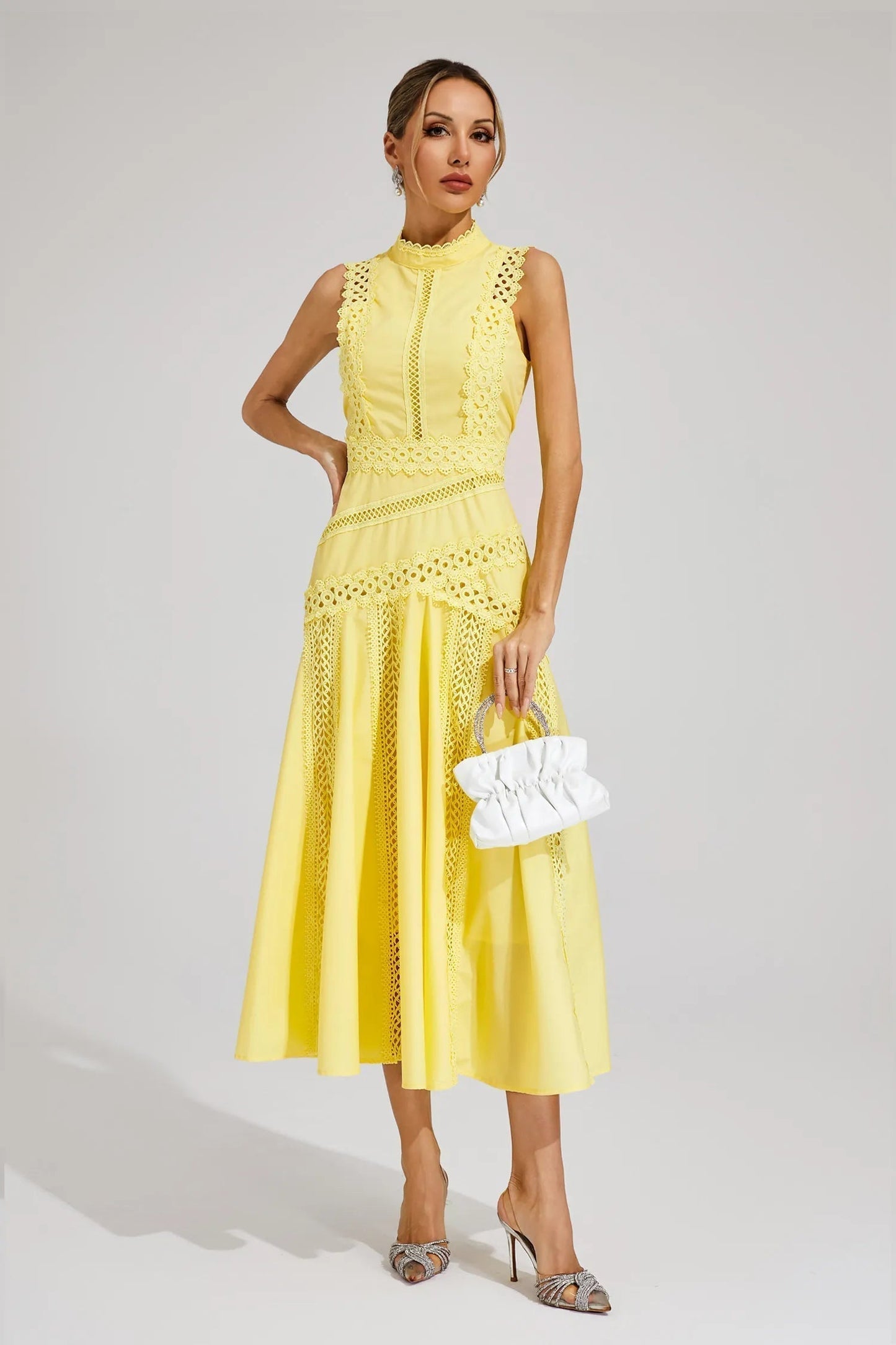 Elegant Midi Dress for Women Mock-Neck Sleeveless Lace