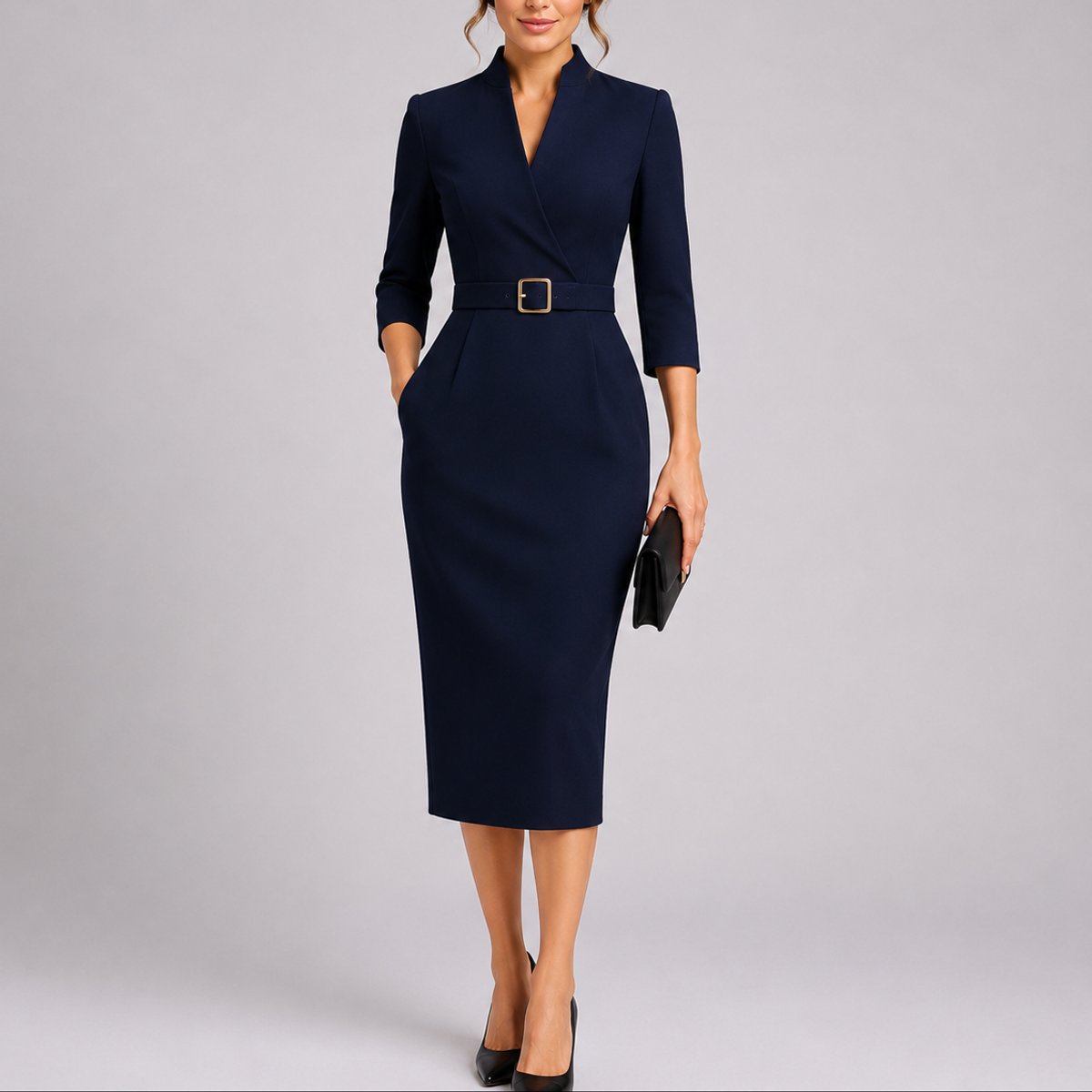 Elegant Midi Dress for Women Belted Bodycon V-Neck