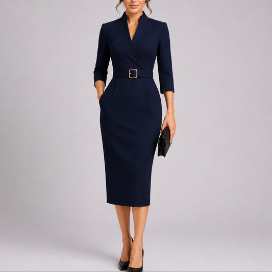 Elegant Midi Dress for Women Belted Bodycon V-Neck