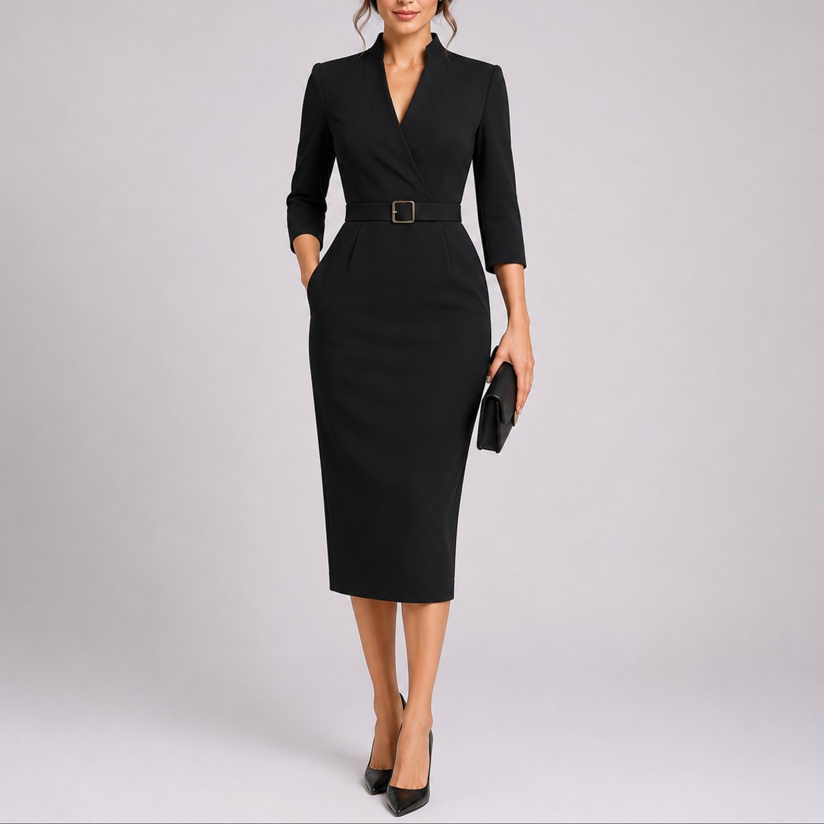 Elegant Midi Dress for Women Belted Bodycon V-Neck
