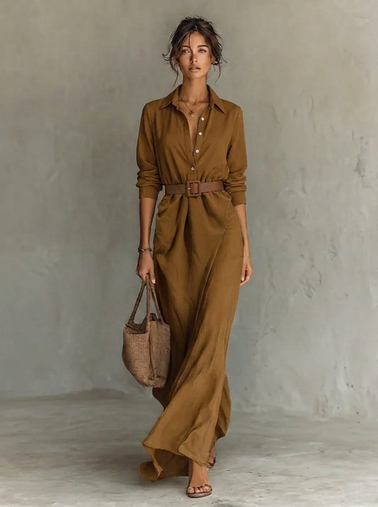 Effortless Maxi Shirt Dress for Women Belted Long-Sleeve