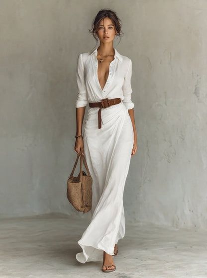 Effortless Maxi Shirt Dress for Women Belted Long-Sleeve