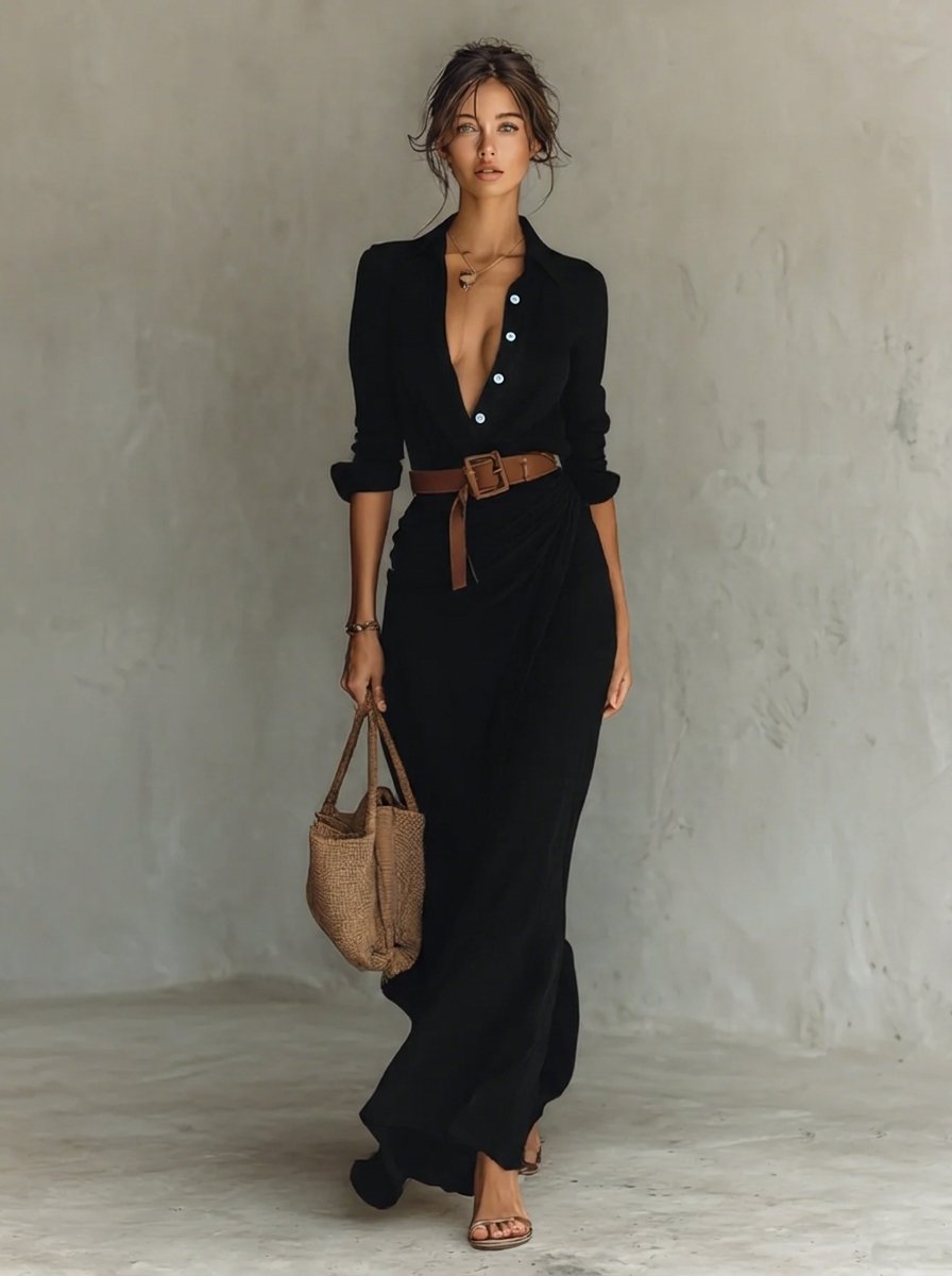 Effortless Maxi Shirt Dress for Women Belted Long-Sleeve
