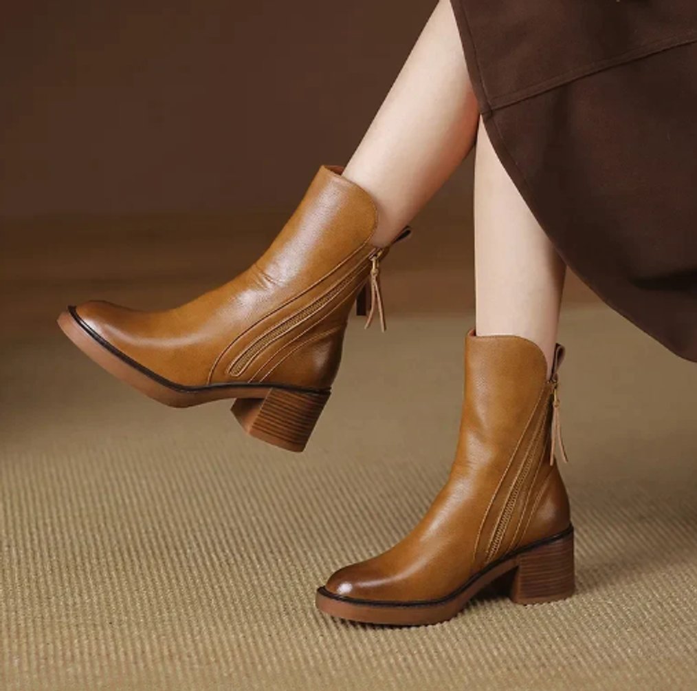 Elegant Ankle Boots for Women Leather Block-Heel Side-Zip
