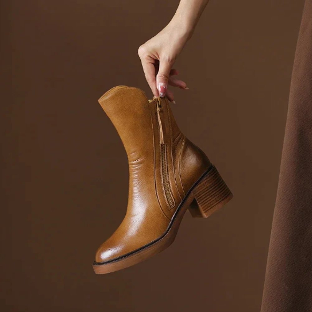 Elegant Ankle Boots for Women Leather Block-Heel Side-Zip