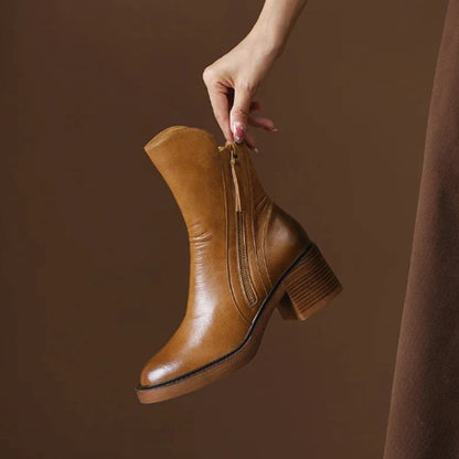 Elegant Ankle Boots for Women Leather Block-Heel Side-Zip