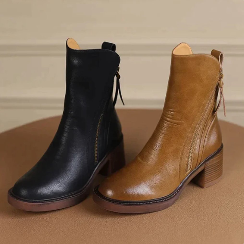 Elegant Ankle Boots for Women Leather Block-Heel Side-Zip