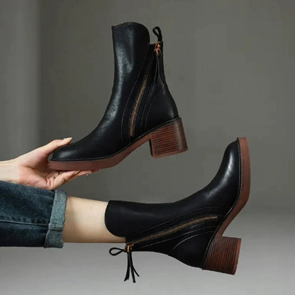 Elegant Ankle Boots for Women Leather Block-Heel Side-Zip