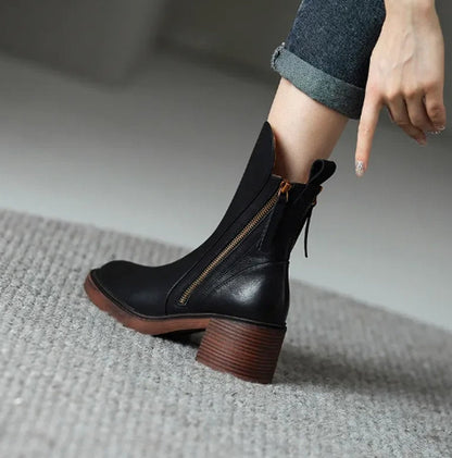 Elegant Ankle Boots for Women Leather Block-Heel Side-Zip