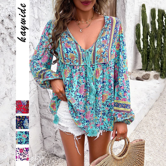 Stylish Blouse for Women Floral V-Neck Tassel-Tie