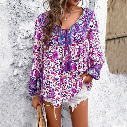 Stylish Blouse for Women Floral V-Neck Tassel-Tie