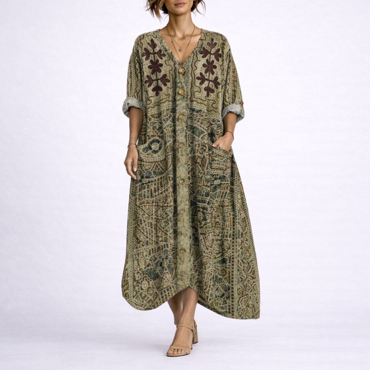 Elegant Maxi Dress for Women Paisley-Print Long-Sleeve