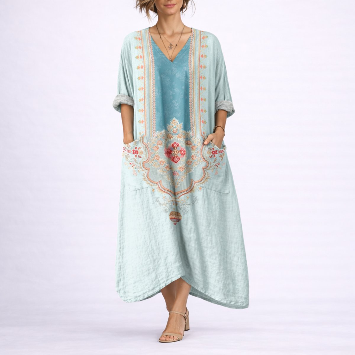Elegant Maxi Dress for Women Paisley-Print Long-Sleeve