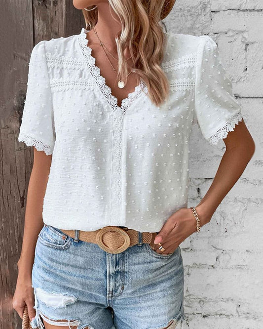 Stylish Blouse for Women Swiss-Dot Lace-Trim V-Neck